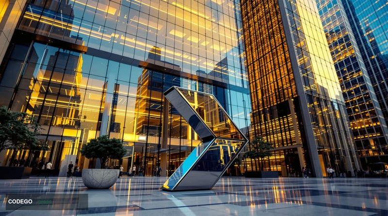 A dramatic cinematic editorial photograph taken at ground level looking up at a modern corporate headquarters building in San