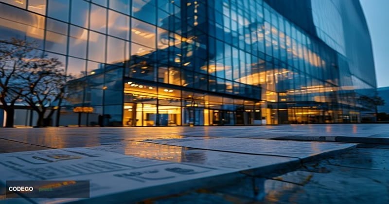 A cinematic editorial photograph depicting the exterior of PayPal's San Jose headquarters building, its distinctive glass fac