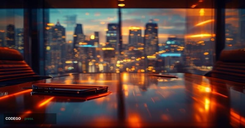 A dramatic cinematic editorial photograph capturing the collision of two financial titans: a sleek modern corporate boardroom