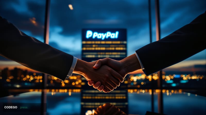A cinematic editorial photograph taken at eye level from a low angle looking up at the iconic PayPal headquarters building in