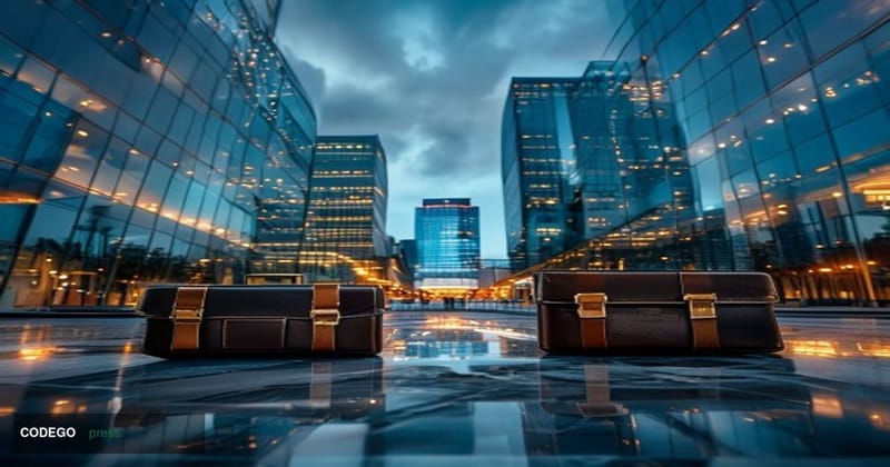 A dramatic cinematic editorial photograph of a towering glass corporate headquarters building representing PayPal's Silicon V