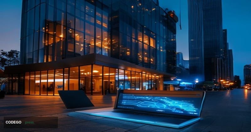 A dramatic cinematic editorial photograph of Stripe's San Francisco corporate headquarters exterior at dusk, with warm amber 