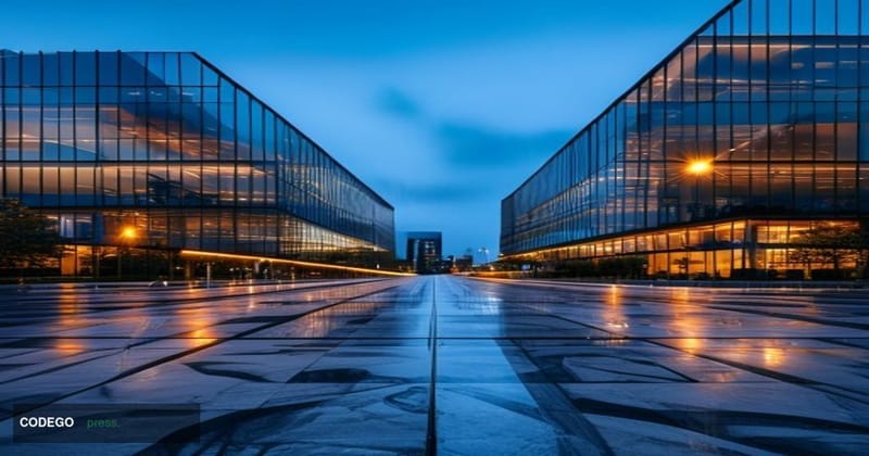 A dramatic cinematic editorial photograph set at the intersection of two iconic payment ecosystems — a sleek, glass-and-steel