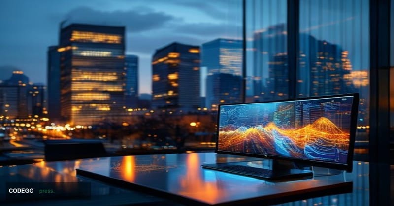 A cinematic editorial photograph of Luxembourg's iconic Kirchberg financial district at dusk, with the glass facades of major