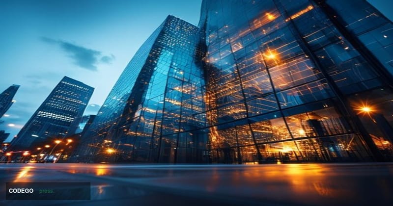 A cinematic editorial photograph shot from a low angle looking up at Stripe's San Francisco corporate headquarters building e