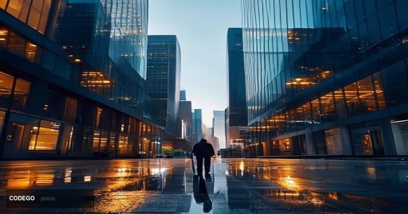 A dramatic cinematic editorial photograph set in a modern San Francisco financial district street at dusk, with warm amber st