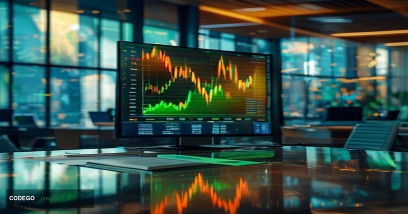 A cinematic editorial photograph depicting a large financial trading floor monitor displaying a sharp V-shaped price recovery