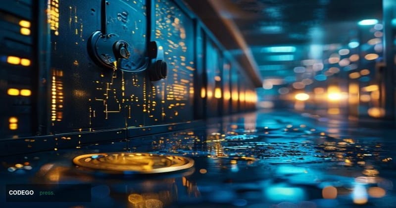 A dramatic cinematic editorial photograph depicting a cracked digital vault door rendered in photorealistic detail, set again