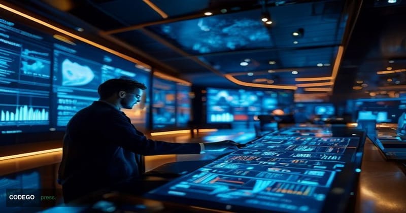 A dramatic editorial photograph set inside a sleek, modern fintech security operations center with large curved screens displ