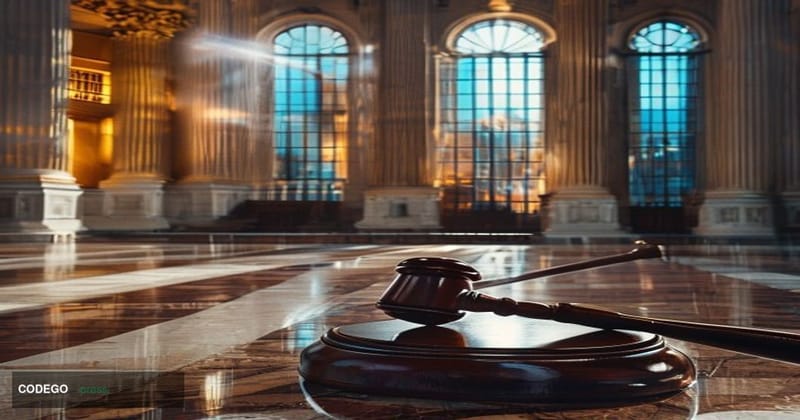 A photorealistic editorial photograph taken inside a grand marble-columned hall reminiscent of the United States Supreme Cour