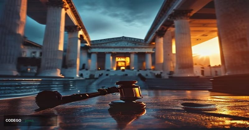 A photorealistic cinematic editorial photograph of the United States Supreme Court building in Washington D.C. captured at da