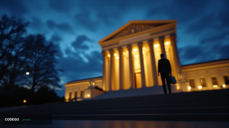 A dramatic cinematic editorial photograph set outside the neoclassical marble facade of the U.S. Supreme Court building in Wa