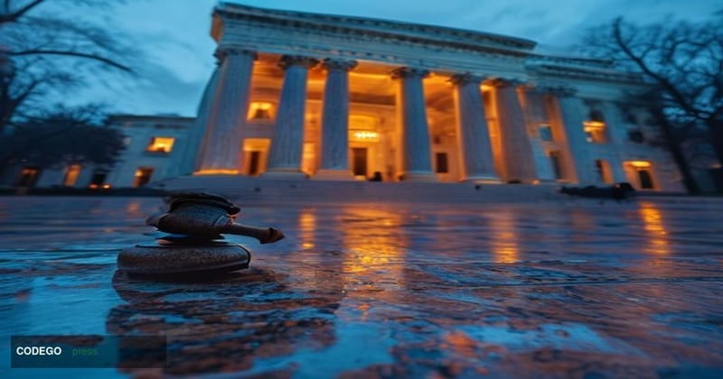 A cinematic editorial photograph of the United States Supreme Court building in Washington D.C., shot at dusk from a low angl