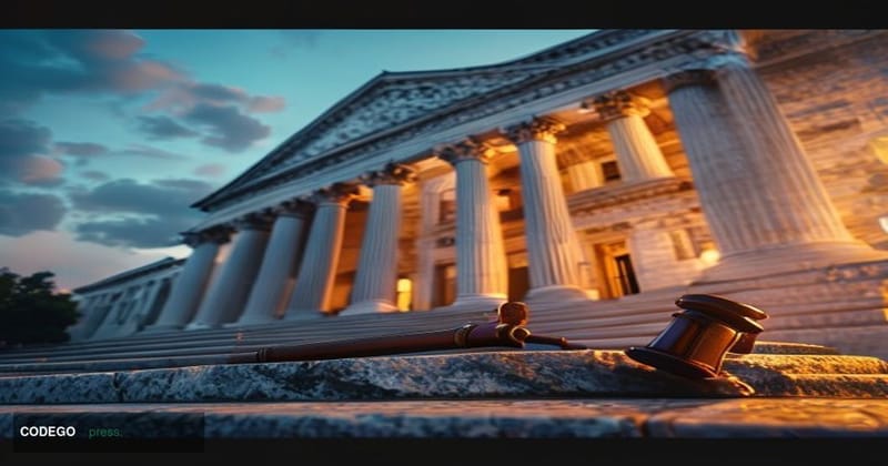 A dramatic wide-angle photorealistic editorial photograph of the United States Supreme Court building in Washington D.C. at d