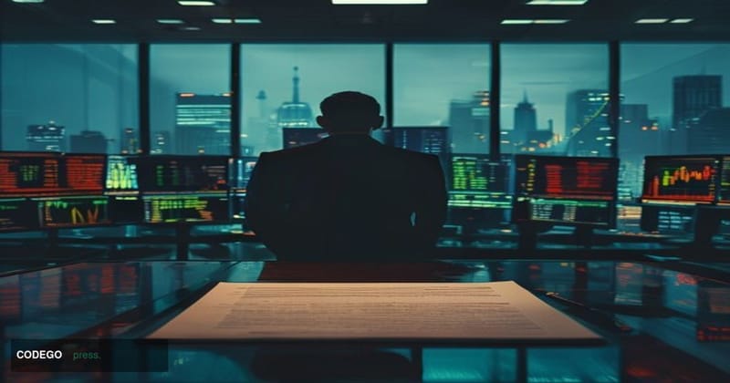 A dramatic cinematic editorial photograph set inside a high-security financial trading floor with darkened, moody chiaroscuro