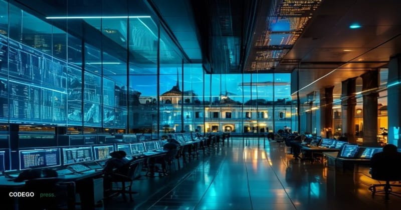 # Image Prompt

A split-composition photograph showing a modern sleek banking operations center in the foreground with multip