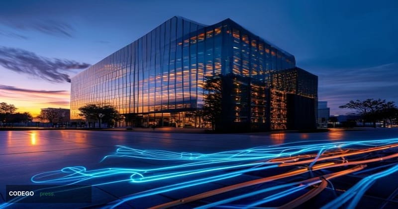 A dramatic cinematic editorial photograph centered on the SWIFT headquarters building in La Hulpe, Belgium, photographed at d