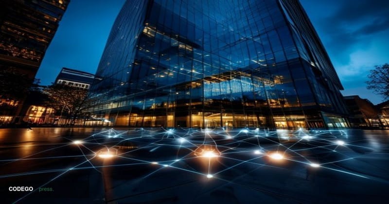 A photorealistic cinematic editorial photograph centered on the Swift financial network headquarters building in La Hulpe, Be
