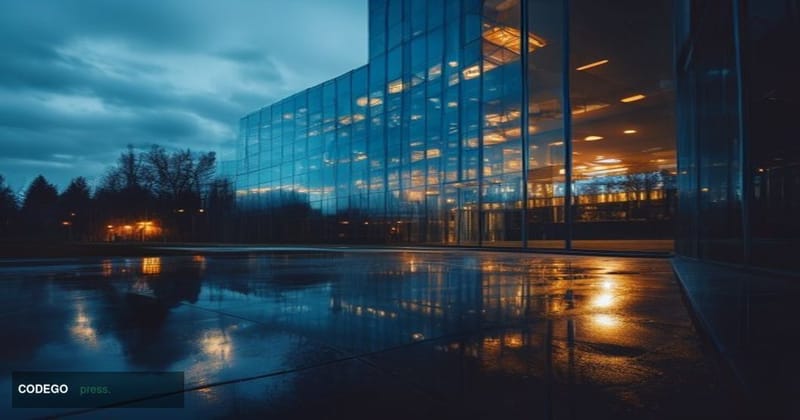 A photorealistic editorial photograph of the SWIFT global headquarters building in La Hulpe, Belgium, captured at dusk with d