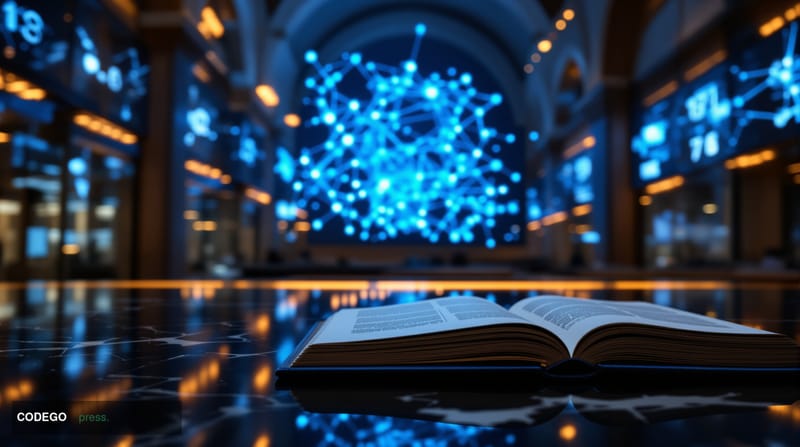 A dramatic cinematic editorial photograph set inside a grand, high-ceilinged banking operations center, with rows of illumina