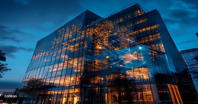A cinematic editorial photograph of the Swift financial network headquarters building exterior at dusk, shot from a low-angle
