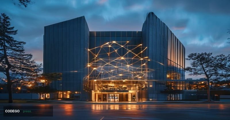 A dramatic photorealistic editorial photograph centered on the exterior of Swift's headquarters building in La Hulpe, Belgium