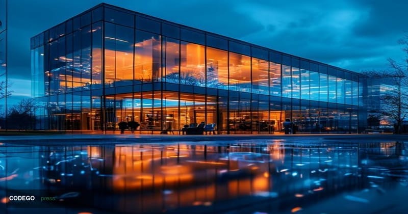 A photorealistic editorial photograph depicting the SWIFT headquarters building in La Hulpe, Belgium, captured at twilight wi