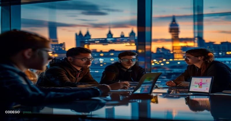 A cinematic editorial photograph set against the London skyline at dusk, with the Thames River and Tower Bridge visible in th
