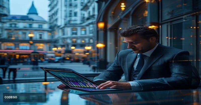 A photorealistic editorial photograph set in Zurich's financial district, with the iconic Bahnhofstrasse boulevard visible in
