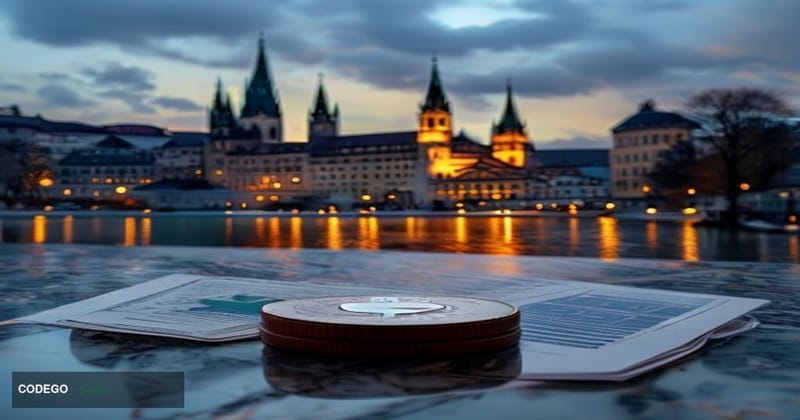 A cinematic editorial photograph of Zurich's financial district waterfront at dusk, with the iconic Grossmünster cathedral an