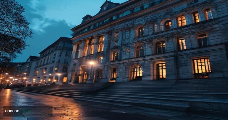A photorealistic cinematic editorial photograph set in Zurich, Switzerland, featuring the iconic Swiss National Bank headquar