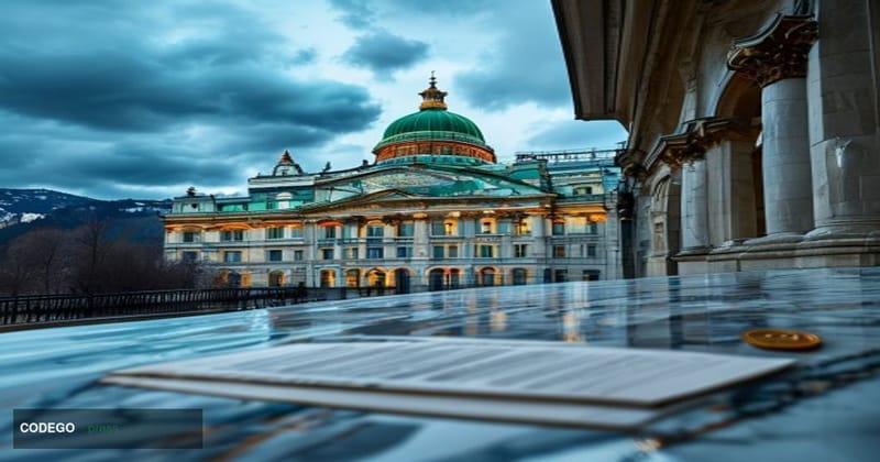 A cinematic editorial photograph of the Swiss Federal Palace (Bundeshaus) in Bern, its grand neoclassical green copper dome i