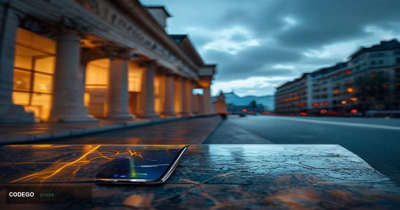 A cinematic editorial photograph set in Zurich's financial district, with the iconic Bahnhofstrasse avenue stretching into th