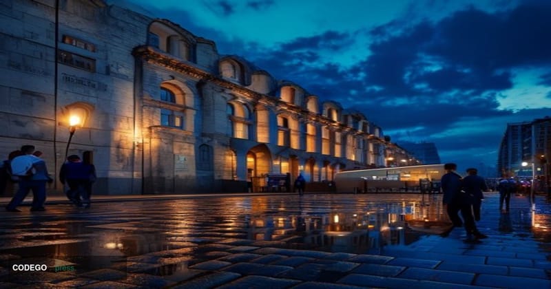 A cinematic editorial photograph of the Swiss Federal Institute of Technology (ETH Zurich) main building facade at dusk, its 