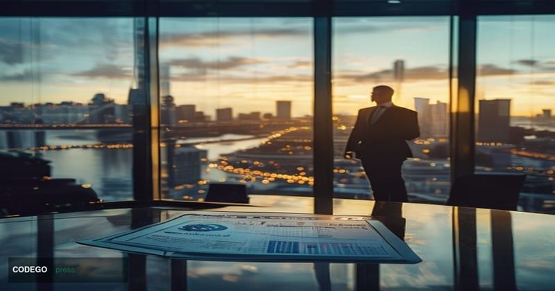 A sleek, modern financial technology office in Brisbane, Australia, with floor-to-ceiling glass windows reflecting the city's