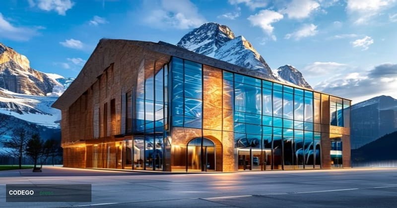 A photorealistic editorial photograph of a grand Swiss cantonal bank branch exterior in the canton of Ticino, Switzerland, wi