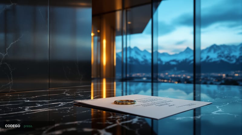 A dramatic exterior shot of a sleek Swiss financial district building in Zurich, rendered in cinematic editorial style with l