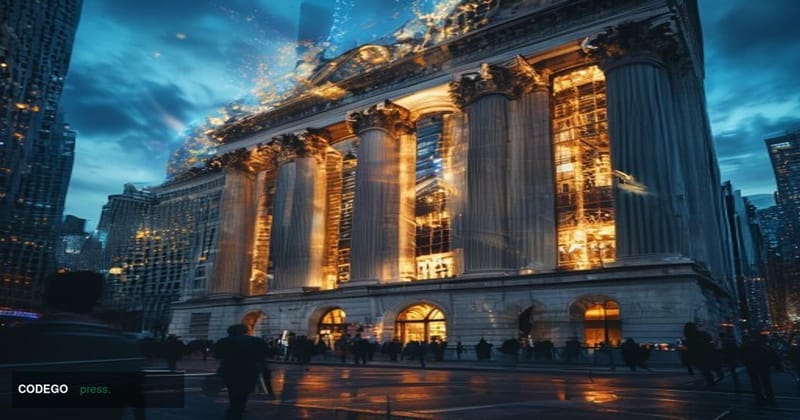 A cinematic editorial photograph of the New York Stock Exchange building on Wall Street, shot from a low wide-angle perspecti