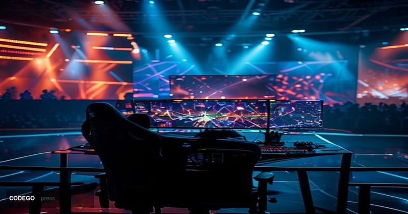 A cinematic editorial photograph set inside a high-tech esports arena at night, bathed in dramatic deep blue and amber stage 