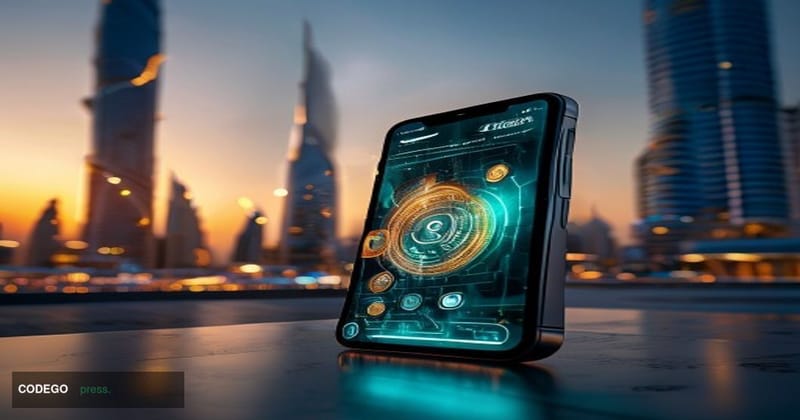 # Image Prompt

A sleek modern smartphone displays a glowing digital wallet interface with vibrant teal and gold accents, pos