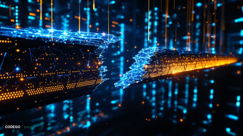 A dramatic cinematic editorial photograph of a fractured digital bridge rendered in glowing neon blue light, suspended above 