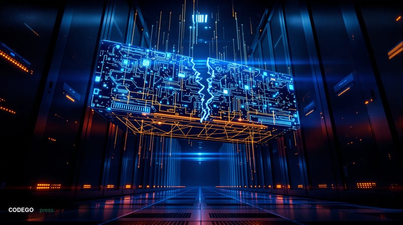 A cinematic editorial photograph depicting a damaged yet resilient digital bridge structure rendered in glowing neon blue cir