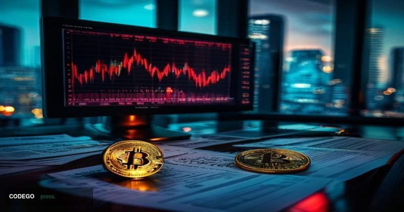 A dramatic close-up editorial photograph of a financial analyst's desk in a dimly lit trading floor environment, with a large
