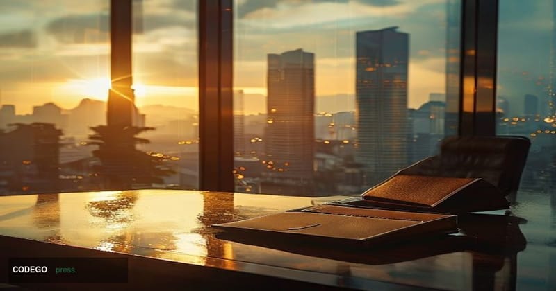 A cinematic editorial photograph set in Hanoi, Vietnam, with the recognizable urban skyline of the city's financial district 