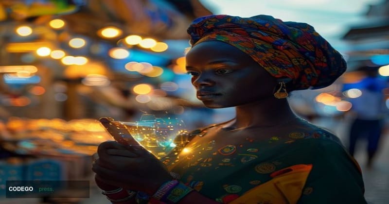 A photorealistic cinematic editorial photograph shot at ground level in a bustling sub-Saharan African market street, where a