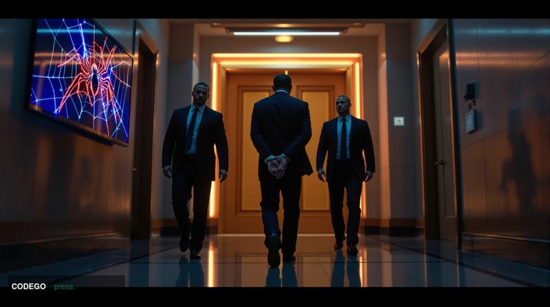 A cinematic editorial photograph set inside a stark, dimly lit federal courthouse corridor in the United States, featuring a 