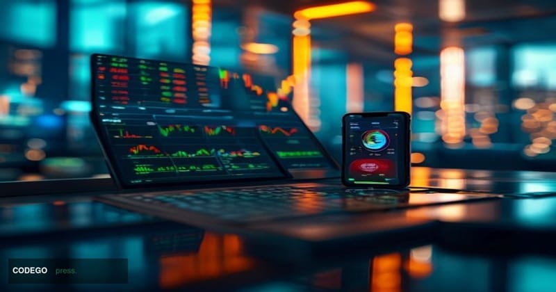 A cinematic editorial photograph centered on a sleek trading terminal display showing the SK Hynix ticker on a Nasdaq-style s
