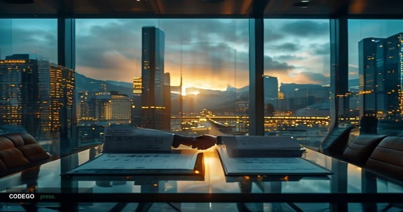 A cinematic editorial photograph set in Zurich's financial district, with the distinctive silhouette of Swiss banking archite