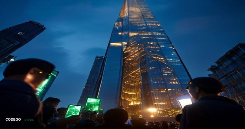 A cinematic editorial photograph shot at ground level looking upward at a gleaming Shanghai skyscraper housing Tencent's offi