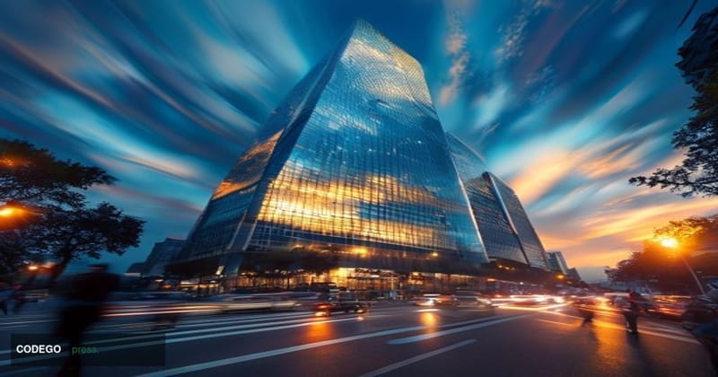 A photorealistic cinematic editorial photograph shot from street level looking up at Tencent's iconic headquarters tower in S